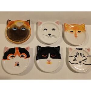 Set Of Six Vintage Bandwagon Collectible Kitty Cat Face Ceramic Drink Coasters